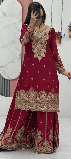 Red and Maroon color Salwar Kameez in Chinon Silk fabric with Embroidered, Sequence, Thread, Zari work