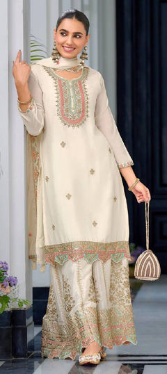 Beige and Brown color Salwar Kameez in Chinon Silk fabric with Border, Embroidered, Sequence, Thread, Zari work