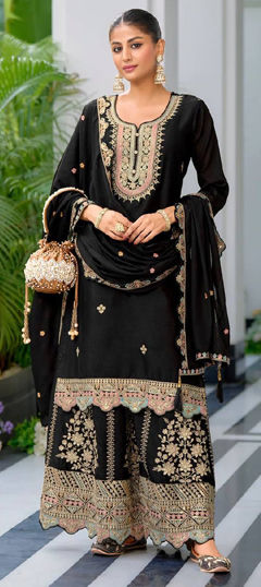 Black and Grey color Salwar Kameez in Chinon Silk fabric with Embroidered, Sequence, Thread, Zari work