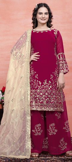 Pink and Majenta color Salwar Kameez in Faux Georgette fabric with Embroidered, Sequence, Thread, Zari work