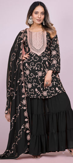 Black and Grey color Salwar Kameez in Faux Georgette fabric with Embroidered, Thread work