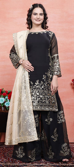 Black and Grey color Salwar Kameez in Faux Georgette fabric with Embroidered, Sequence, Thread, Zari work