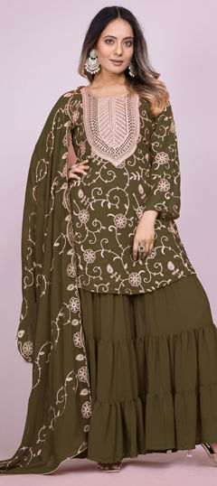 Green color Salwar Kameez in Faux Georgette fabric with Embroidered, Thread work