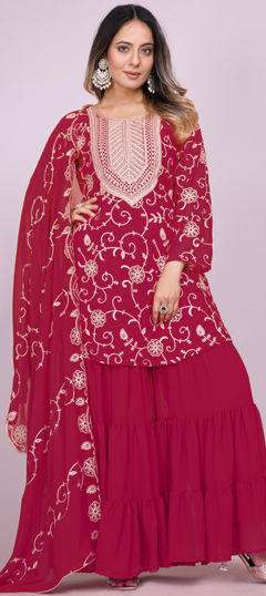 Pink and Majenta color Salwar Kameez in Faux Georgette fabric with Embroidered, Thread work