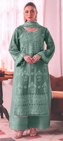 Green color Salwar Kameez in Faux Georgette fabric with Embroidered, Moti, Resham, Sequence work