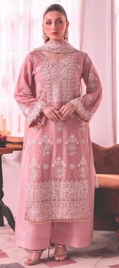 Pink and Majenta color Salwar Kameez in Faux Georgette fabric with Embroidered, Moti, Resham, Sequence work