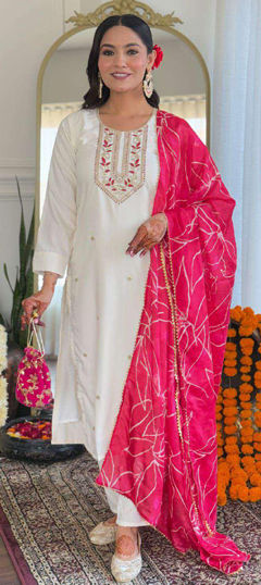 White and Off White color Salwar Kameez in Rayon fabric with Embroidered, Thread work