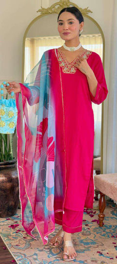 Pink and Majenta color Salwar Kameez in Rayon fabric with Embroidered, Thread work
