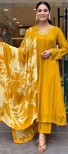 Yellow color Salwar Kameez in Chinon Silk fabric with Embroidered, Thread work