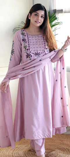 Pink and Majenta color Salwar Kameez in Chanderi Silk fabric with Embroidered, Thread work