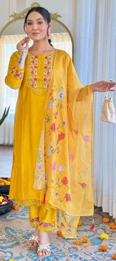 Yellow color Salwar Kameez in Silk fabric with Embroidered, Thread work