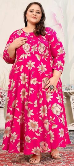 Pink and Majenta color Gown in Rayon fabric with Digital Print, Floral work