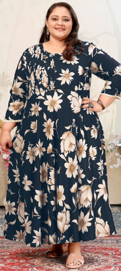 Blue color Gown in Rayon fabric with Digital Print, Floral work