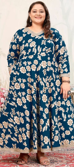 Blue color Gown in Rayon fabric with Digital Print, Floral work