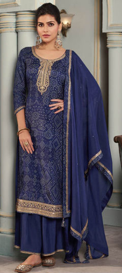 Blue color Salwar Kameez in Silk fabric with Bandhej, Digital Print, Embroidered work