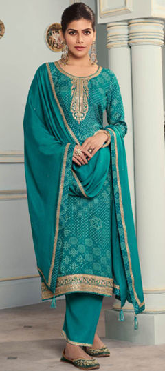 Blue color Salwar Kameez in Silk fabric with Bandhej, Digital Print, Embroidered work