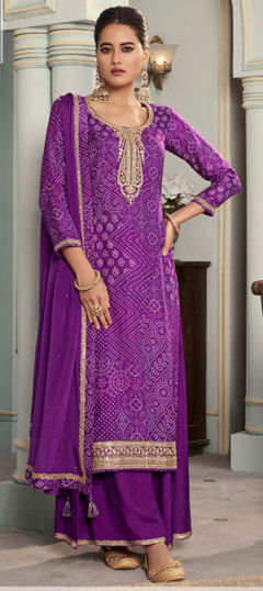 Pink and Majenta color Salwar Kameez in Silk fabric with Bandhej, Digital Print, Embroidered work