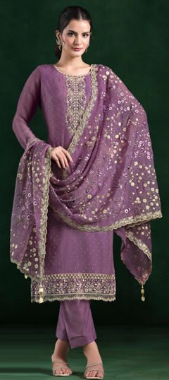 Purple and Violet color Salwar Kameez in Chiffon fabric with Embroidered, Sequence, Thread work