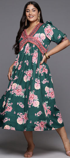 Green color Dress in Crepe Silk fabric with Floral, Printed work