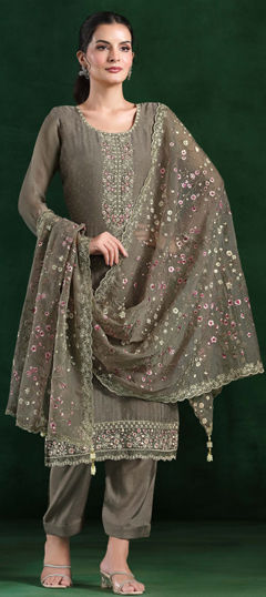 Black and Grey color Salwar Kameez in Chiffon fabric with Embroidered, Sequence, Thread work