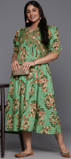 Green color Dress in Crepe Silk fabric with Floral, Printed work