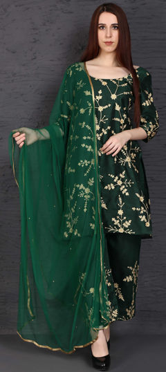 Green color Salwar Kameez in Raw Silk fabric with Stone, Zari work
