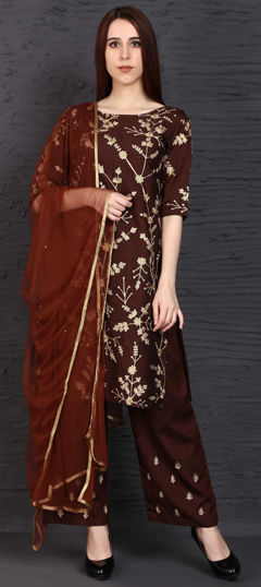 Beige and Brown color Salwar Kameez in Raw Silk fabric with Stone, Zari work