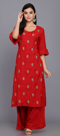 Red and Maroon color Salwar Kameez in Rayon fabric with Embroidered, Thread, Zari work
