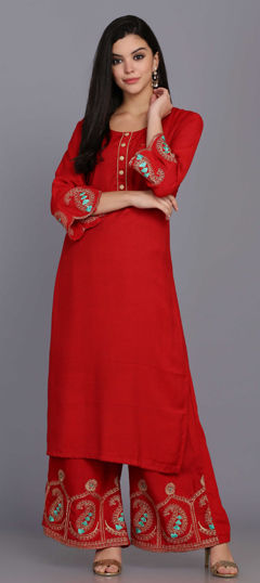 Red and Maroon color Salwar Kameez in Rayon fabric with Embroidered, Thread, Zari work