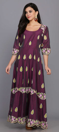 Purple and Violet color Gown in Chanderi Silk fabric with Aari, Embroidered, Thread work