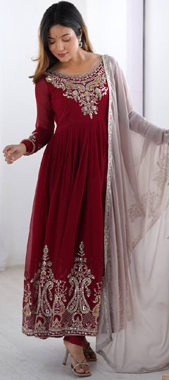 Red and Maroon color Salwar Kameez in Georgette fabric with Embroidered, Sequence, Thread work