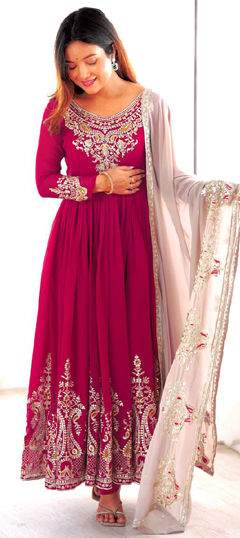 Red and Maroon color Salwar Kameez in Georgette fabric with Embroidered, Sequence, Thread work