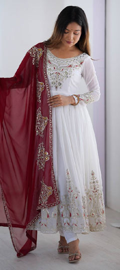 White and Off White color Salwar Kameez in Georgette fabric with Embroidered, Sequence, Thread work