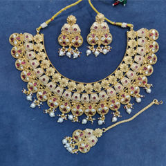 Gold Rodium Polish Red and Maroon color Necklace in Copper, Metal Alloy studded with CZ Diamond, Pearl