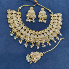 Gold Rodium Polish White and Off White color Necklace in Copper, Metal Alloy studded with CZ Diamond, Pearl