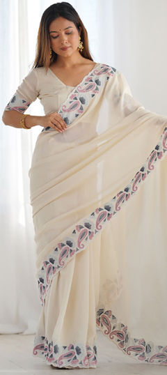 Beige and Brown color Saree in Art Silk fabric with Embroidered, Thread work