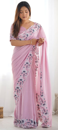 Pink and Majenta color Saree in Art Silk fabric with Embroidered, Thread work