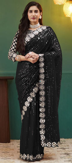 Black and Grey color Saree in Georgette fabric with Embroidered, Mirror, Sequence, Thread work