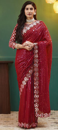Red and Maroon color Saree in Georgette fabric with Embroidered, Sequence, Thread, Zari work