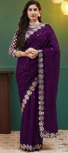Purple and Violet color Saree in Georgette fabric with Embroidered, Sequence, Thread, Zari work