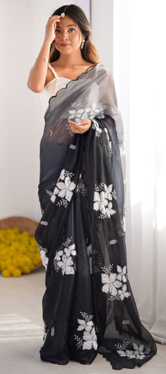 Black and Grey color Saree in Chiffon fabric with Sequence, Thread work