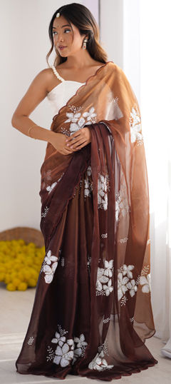 Beige and Brown color Saree in Chiffon fabric with Sequence, Thread work