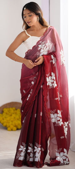Red and Maroon color Saree in Chiffon fabric with Sequence, Thread work