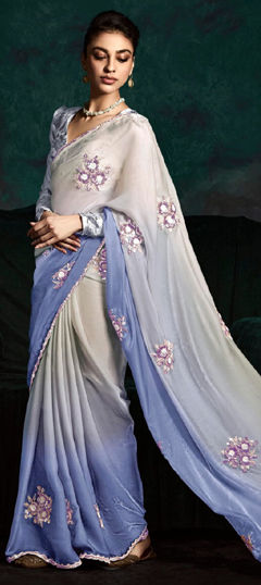 Green, White and Off White color Saree in Viscose fabric with Embroidered, Sequence, Thread work