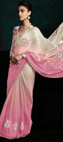 Blue, White and Off White color Saree in Viscose fabric with Embroidered, Sequence, Thread work