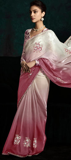Beige and Brown, Blue color Saree in Viscose fabric with Embroidered, Sequence, Thread work