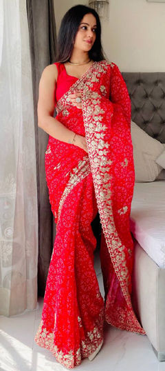 Red and Maroon color Saree in Georgette fabric with Bandhej, Printed, Sequence, Thread work