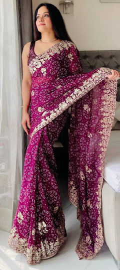 Pink and Majenta color Saree in Georgette fabric with Bandhej, Printed, Sequence, Thread work