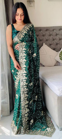 Green color Saree in Georgette fabric with Bandhej, Printed, Sequence, Thread work