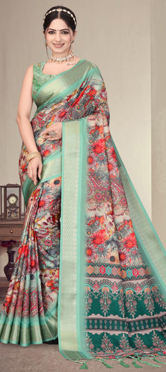 Multicolor color Saree in Silk cotton fabric with Digital Print, Floral, Weaving work